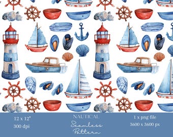 1x Diseño náutico sin costuras con estampado de acuarela de faro, velero y concha marina. Papel digital para tela costera, papel tapiz, diseño de sublimación oceánica.