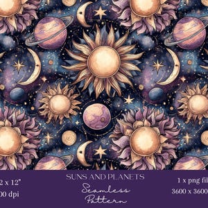 May include: A seamless pattern featuring celestial elements. The design includes stylized suns, planets with rings, crescent moons, and stars against a dark blue and purple background. The text "SUNS AND PLANETS" and "Seamless Pattern" are included.