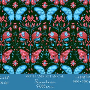 1x papillon de nuit bleu rouge et motif botanique sans couture insecte gothique répétitif tissu imprimé fond de papier peint sublimation florale numérique