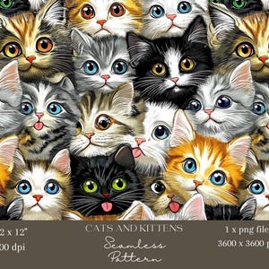 May include: A seamless pattern featuring a variety of cats and kittens with different fur colors and patterns. The cats are looking at the viewer with big, curious eyes. The pattern is perfect for use in fabric, wallpaper, or other decorative applications.