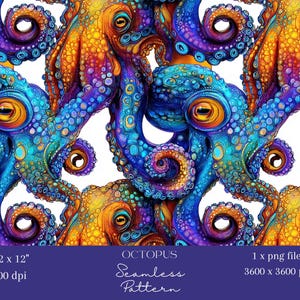 May include: Seamless pattern featuring vibrant, detailed octopuses in shades of blue, orange, purple, and teal. The design includes multiple octopuses with intricate details, creating a colorful and eye-catching repeating pattern. The image is 12 x 12 inches at 300 dpi.