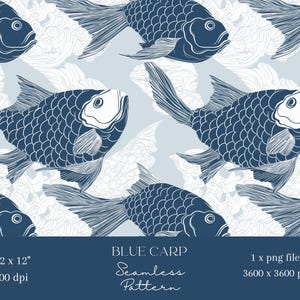May include: A seamless pattern featuring blue carp fish with white outlines on a light blue background. The fish are swimming in a stylized floral pattern.