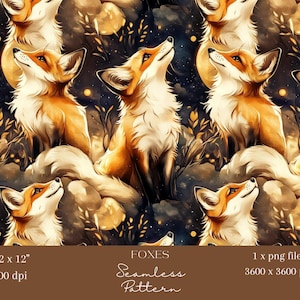 Puede incluir: Patrón sin costuras con zorros de acuarela en tonos naranja, blanco y marrón sobre un fondo azul oscuro y dorado. Los zorros miran hacia arriba. Se muestra el texto "FOXES Seamless Pattern".