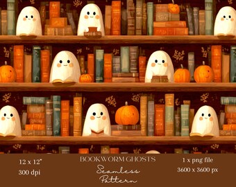 1x ブックワームゴーストシームレスパターン ハロウィンデジタル不気味デザイン 壁紙、布製包装紙、スクラップブッキング、昇華転写クラフト用