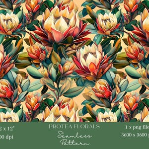 May include: A seamless pattern featuring stylized protea flowers in shades of red, orange, and cream, with green and teal leaves. The design includes the text "PROTEA FLORALS Seamless Pattern" and dimensions of 12 x 12 inches and 300 dpi.