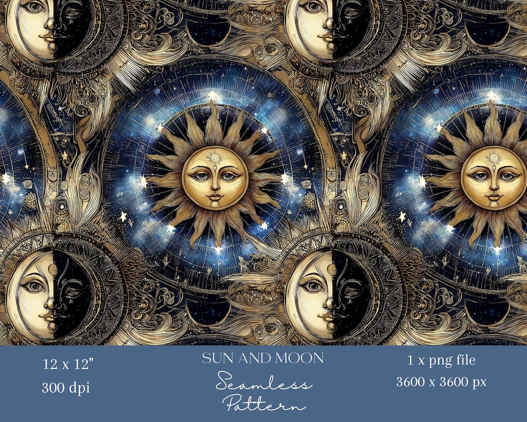 1x Celestial Sun & Moon Seamless Digital Pattern Astrology Stars ...