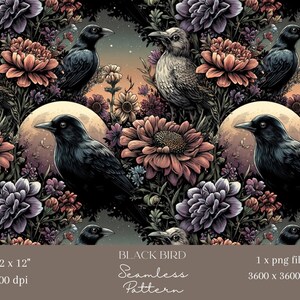 May include: Seamless pattern featuring black birds, flowers, and a full moon. The design includes various flowers in shades of pink, purple, and yellow, with a dark background. The text "BLACK BIRD Seamless Pattern" is also included.