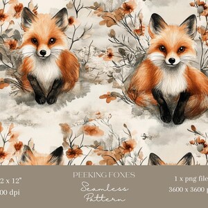Peut inclure: Un motif sans couture avec des illustrations à l'aquarelle de renards qui se cachent derrière des branches de fleurs délicates. Les renards sont orange et blancs avec des nez et des yeux noirs. Les fleurs sont d'un orange et d'un rose doux.