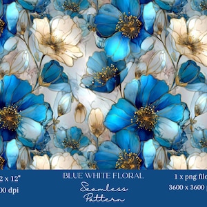 1 x Blue Cream Watercolour Floral Seamless Digital Pattern Elegant Flower Printable Design for Wallpaper Fabric Wrapping Paper Sublimation