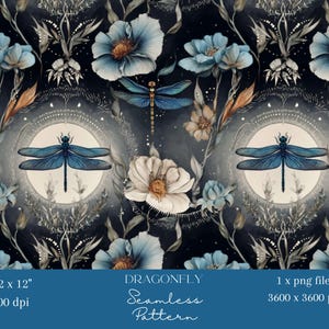 May include: Seamless pattern with blue dragonflies, flowers, and foliage on a dark backdrop. The design includes a central dragonfly within a circular frame, surrounded by floral elements. The text "DRAGONFLY Seamless Pattern" is visible.