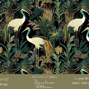 May include: A seamless pattern featuring white cranes with red crowns and long yellow tail feathers amidst dark green tropical foliage and golden yellow flowers on a black background. Text reads: ART DECO BIRD, 12 x 12, 300 dpi, 1 x png file, 3600 x 3600 px.
