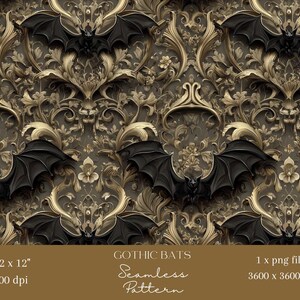 May include: A seamless pattern featuring black bats against a backdrop of ornate, gold-colored scrollwork and floral designs on a dark gray background. The text "GOTHIC BATS" and "Seamless Pattern" are included.