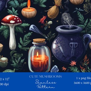 May include: A seamless pattern featuring a variety of whimsical illustrations, including mushrooms, candles, a cauldron, and a witch's broom. The background is a dark blue with green foliage.
