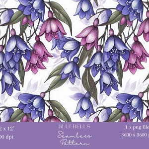 1x naadloos paars klokje digitaal patroon op wit vintage bloemdessin voor behangstof inpakpapier scrapbooking en sublimatie