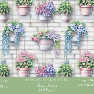 May include: Watercolor illustration of hanging floral pots against a white brick wall. The pots are filled with pink, purple, and blue flowers. The image includes the text "HANGING FLORAL POTS" and "Seamless Pattern".