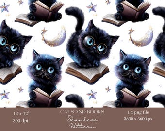 魔法の黒猫シームレスパターン かわいいメガネ猫 デジタルペーパー ハロウィン壁紙 本好きの猫 ファブリック昇華 スクラップブッキング 1枚