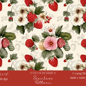 1x Vintage Obst & Blumen Nahtloses Muster Erdbeere Blumen Digitales Papier Tapete Stoff Geschenkpapier Digitaler Hintergrund Sublimation