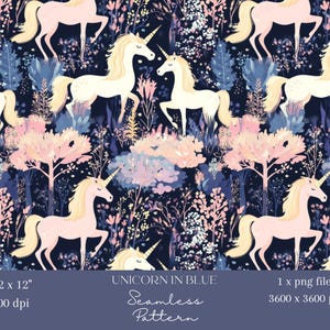 1x Motivo digitale senza soluzione di continuità con unicorno stravagante e foresta – Motivo pastello fantasy per carta da parati, carta da regalo, tessuto, sublimazione e artigianato