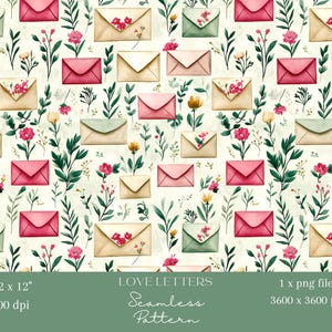 1x Padrão de envelope floral sem costura, carta romântica em aquarela, papel de parede digital, papel de embrulho de tecido, fundo digital, sublimação