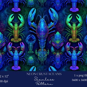 Puede incluir: Un patrón sin costuras con vibrantes crustáceos de neón en tonos de azul, verde, morado y dorado. El diseño incluye varias ilustraciones de langostas y cangrejos, creando un tema acuático repetitivo. El texto "NEON CRUSTACEANS" y "Seamless Pattern" está incluido.