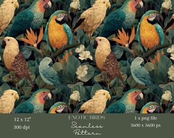 1x Exotic Birds Seamless Pattern, Tropical Parrot Digital Paper, Vintage Botanical Repeat Tile Fabric Sublimation