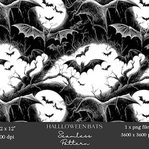 May include: Black and white Halloween-themed seamless pattern featuring bats flying in front of a full moon. The design includes silhouetted bats, gnarled tree branches, and a bright moon. The text "HALLOWEEN BATS" and "Seamless Pattern" are also included.