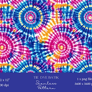 May include: A seamless tie-dye pattern in shades of blue, pink, yellow, and white. The pattern is made up of swirling circles, creating a psychedelic effect.