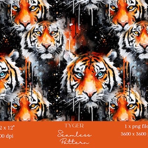 May include: Seamless pattern featuring watercolor tiger faces in shades of orange, black, and white. The design includes the text "TYGER" and "Seamless Pattern". The image is 12 x 12 inches at 300 dpi and a 1 x png file at 3600 x 3600 px.