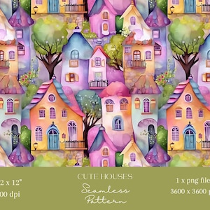 1x Cute Little Houses Seamless Pattern Powtarzający się plik Tkanina Druk Scrapbooking Cyfrowe tło Cyfrowy papier Sublimacja Wzór dla dzieci