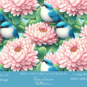 1x Merle bleu et fleurs de chrysanthème, motif transparent, papier numérique, tissu floral, papier peint numérique, fond bleu rose, motif répétitif