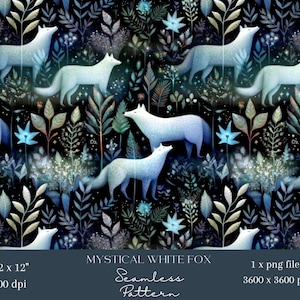 May include: A seamless pattern featuring white foxes amidst a dark background with botanical elements in shades of blue, green, and gold. The text "MYSTICAL WHITE FOX" and "Seamless Pattern" are included.