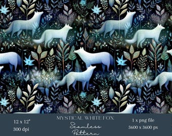 1x Mystical White Fox Seamless Pattern Woodland Animal Repeat File Celestial Forest Fabric Fantasy Botanical Wallpaper Whimsical Sublimation