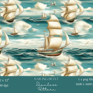 1x Carta digitale vintage per barca a vela, motivo oceano senza soluzione di continuità, file ripetuto, tessuto, nave nautica, sfondo digitale, disegno a sublimazione del mare