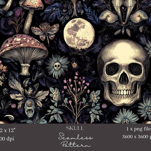Könnte beinhalten: Ein nahtloses Muster mit einem Schädel, Pilzen, Blumen und einem Vollmond auf einem dunklen Hintergrund. Das Muster ist im Vintage-Stil mit filigranen Details.