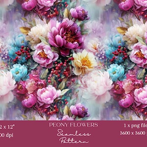 1x Vibrant Floral Seamless Digital Pattern Peony & Rose Watercolour Background Colourful Botanical Print for Fabric, Wallpaper, Sublimation