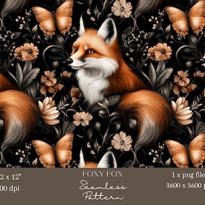 Könnte beinhalten: Ein nahtloses Muster mit einem roten Fuchs mit weißer Brust und buschigem Schwanz, umgeben von braunen und orangefarbenen Blumen und Schmetterlingen auf schwarzem Hintergrund. Das Muster ist 12 Zoll mal 12 Zoll groß und hat 300 dpi.