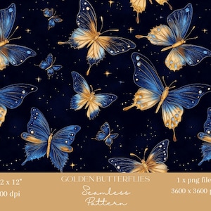 1 x papillon doré, motif sans couture, papillon de nuit céleste, fichier numérique répétitif, papier peint bleu, tissu fantaisie, impression de fond, conception numérique