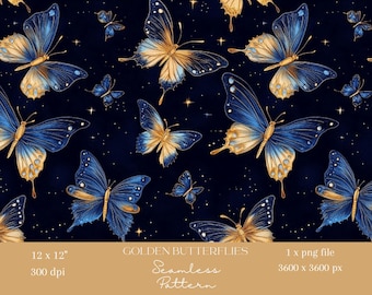 1 x Golden Butterfly Seamless Pattern Celestial Moth Digital Repeating File Blue Wallpaper Fantasy Fabric Print Background Digital Design