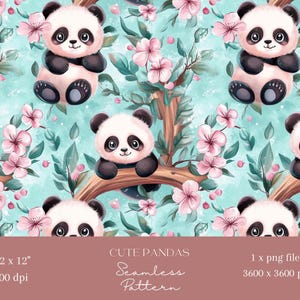 May include: A seamless pattern featuring cute cartoon pandas with pink flowers and green leaves on a light blue background. The pattern is 12 inches by 12 inches and 300 dpi. The file is a 3600 x 3600 pixel PNG.