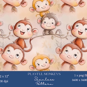 1x süßer Affe Nahtloses Digitales Muster Baby Jungle Tier wiederholen kachel Tapete Kinderzimmer Tier Scrapbooking Sublimation