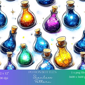 May include: A seamless pattern featuring colorful glass potion bottles with cork stoppers. The bottles are filled with various colored liquids, including blue, purple, green, and yellow. The background is white with small white stars.