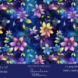 1 x Bright Floral Seamless Pattern Dark Blue Digital Repeating File Wallpaper Fabric Print Background Design Neon Flower Digital Background