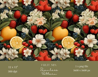 May include: A seamless pattern featuring a mix of fruit and flowers. The pattern includes lemons, oranges, strawberries, raspberries, blueberries, and white flowers with green leaves on a dark background.