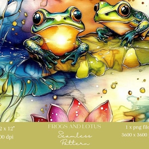 1x Aquarelle Grenouilles & Fleur De Lotus Motif Sans Couture Papier Numérique Tissu Papier Peint À L'eau Fond Numérique Motif Floral Répétitif