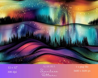May include: A digital seamless pattern depicting the aurora borealis. The design includes rolling hills with silhouetted trees beneath a sky of orange, purple, blue, and green. The text "AURORA Seamless Pattern" is visible. The image is 12 x 12 inches.