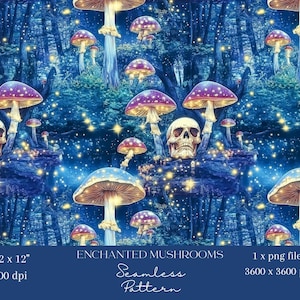 1x Mystische Wald Pilz & Schädel Nahtlose Muster Fantasy Digitales Papier Tapete Stoff Geschenkpapier Digitaler Hintergrund Sublimation