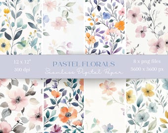 8x Seamless pattern, digital paper with watercolour flowers, Scrapbooking Paper, Digital Background, Sublimation Pattern, Junk Journaling