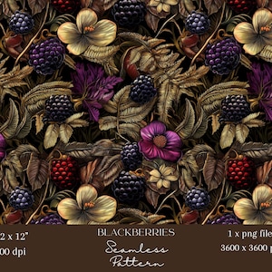 1x Brombeere und Blumen Digitales Papier Obst Stoff Muster Scrapbooking Dunkel Digital Hintergrund Grün Natur Muster