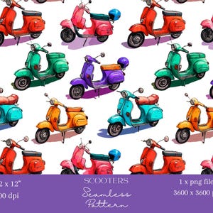 Può includere: Un motivo senza cuciture con illustrazioni ad acquerello di scooter vintage in vari colori, tra cui rosso, verde, viola e arancione. Il design include il testo "SCOOTERS" e "Seamless Pattern". Dimensioni dell'immagine: 30,48 x 30,48 cm.