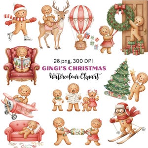 May include: A collection of watercolour Christmas-themed clipart featuring gingerbread people. Scenes include ice skating, riding a reindeer, and decorating a Christmas tree. Text reads "Gingi's Christmas Watercolour Clipart". The images are 26 png files at 300 DPI.